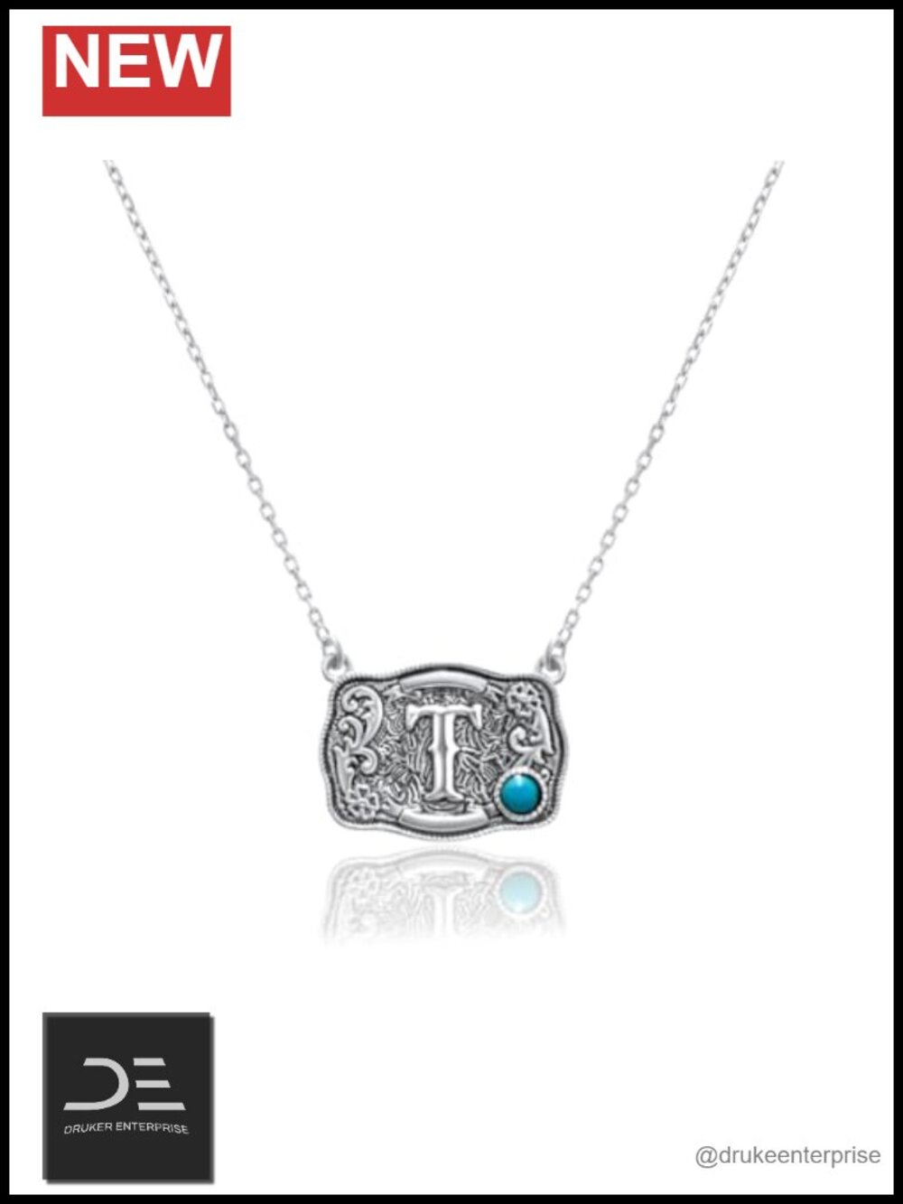 Sterling Silver Western Initial Pendant Necklace with Turquoise